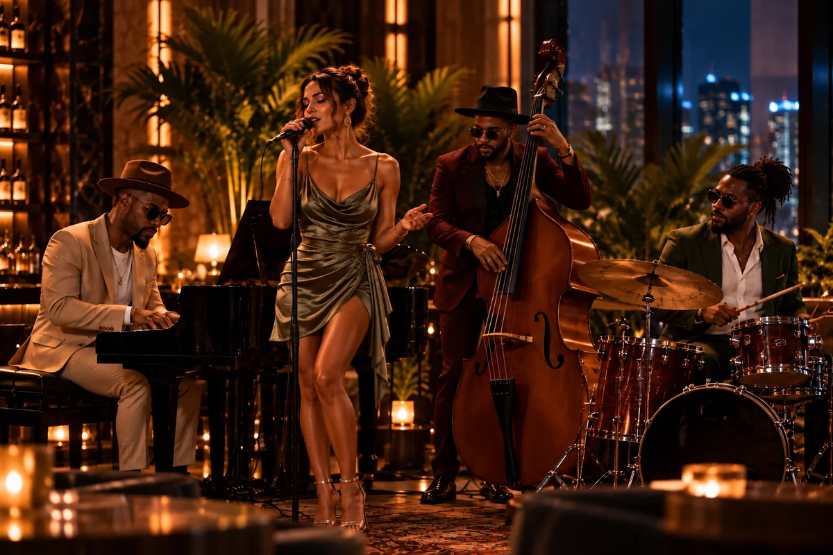 Conceptual closer view of the acoustic soul quartet with a female vocalist, pianist, upright bass player and drummer.