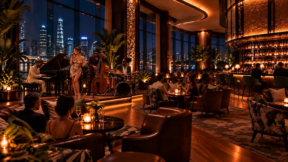 Conceptual wide view of a contemporary soul quartet in the lounge: vocalist, piano, upright double bass and drums.