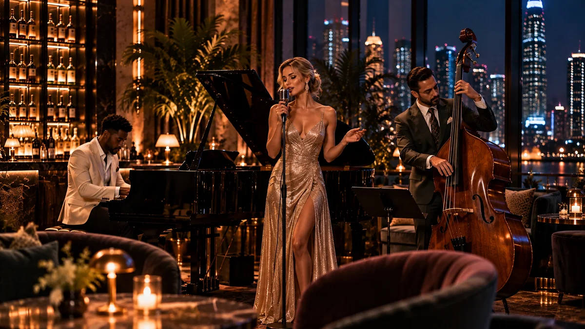 Conceptual jazz vocal trio: a vocalist, pianist and upright double bass player, shown in a closer performance view.