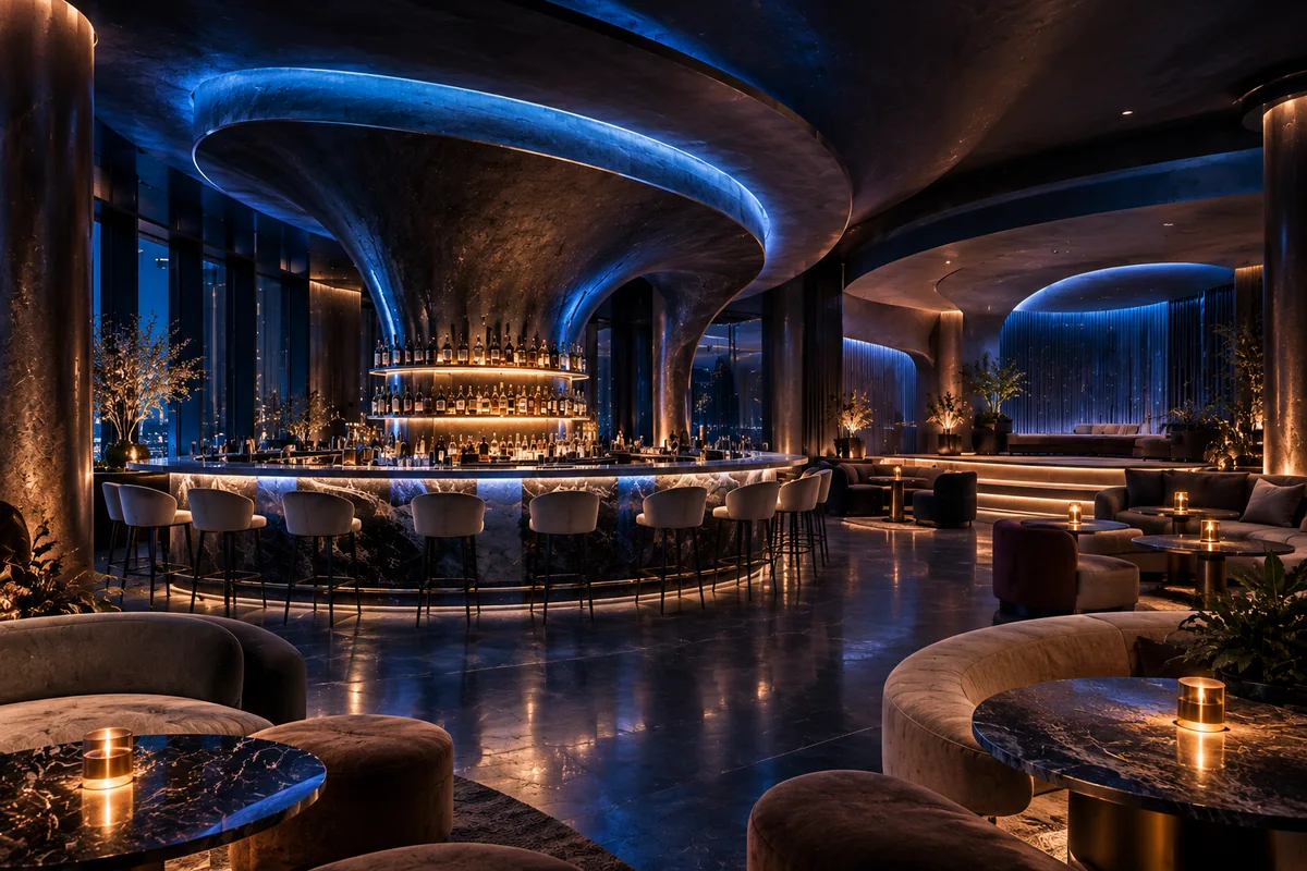Conceptual contemporary cocktail bar with sculpted architecture, blue accent lighting and social seating.