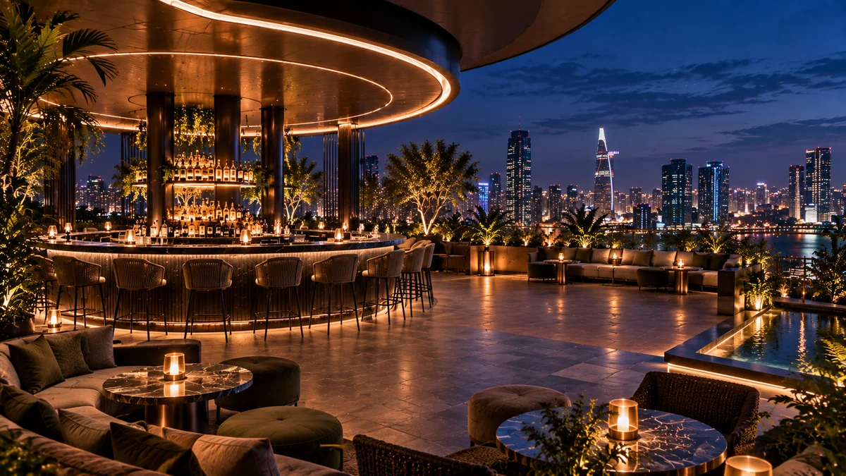 Conceptual rooftop bar with an open terrace, city skyline and a circular bar at dusk.