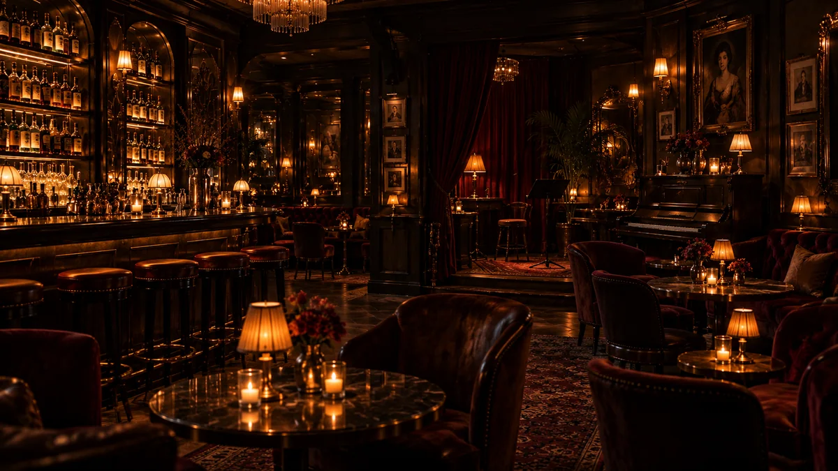 Conceptual speakeasy with intimate seating, dark wood, warm lighting and a small performance area.